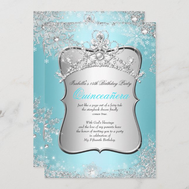 Invitación Quinceanera 15th Winter Wonderland Silver Blue 2 (Anverso / Reverso)