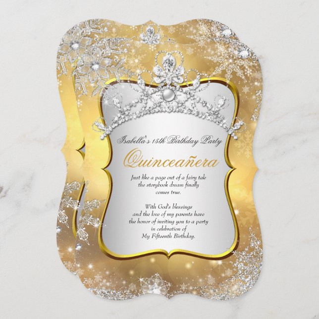 Invitación Quinceanera 15th Winter Wonderland Silver Gold (Anverso / Reverso)
