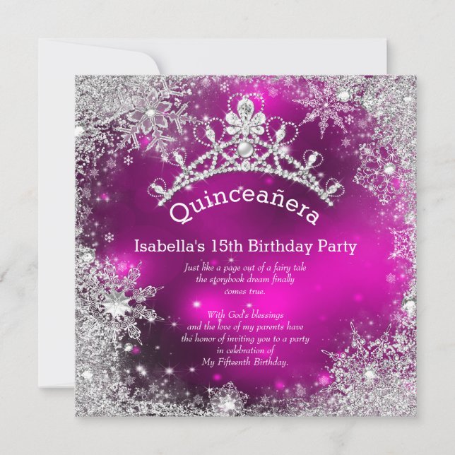 Invitación Quinceanera 15th Winter Wonderland Silver Pink (Anverso)