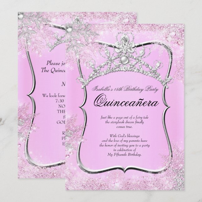 Invitación Quinceanera 15th Winter Wonderland Silver Pink (Anverso / Reverso)