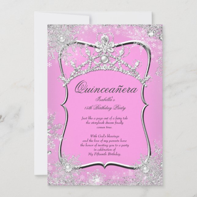 Invitación Quinceanera 15th Winter Wonderland Silver Pink (Anverso)
