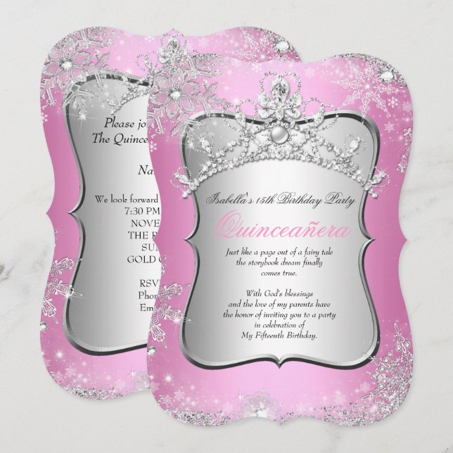 Invitación Quinceanera 15th Winter Wonderland Silver Pink (Anverso / Reverso)