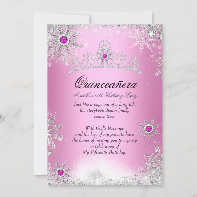 Invitación Quinceanera 15th Winter Wonderland Silver Pink (Anverso)