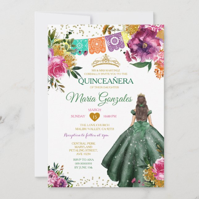 Invitación Quinceañera 16.ª Mariposa del verde esmeralda mexi (Anverso)