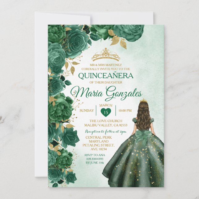 Invitación Quinceañera 16.ª Mariposa del verde esmeralda mexi (Anverso)