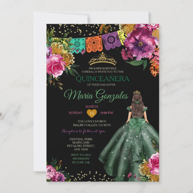 Invitación Quinceañera 16.ª Mariposa del verde esmeralda mexi (Anverso)