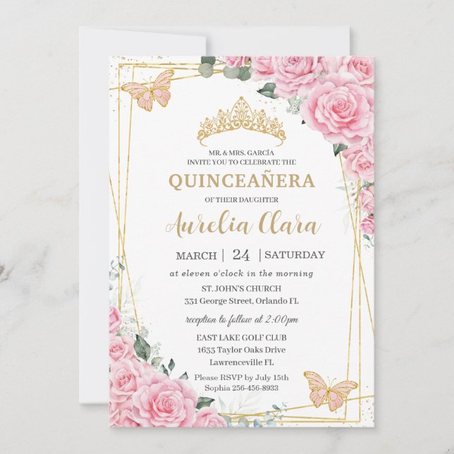 Invitación Quinceanera 16 Pink Roses Floral Gold Butterflies (Anverso)