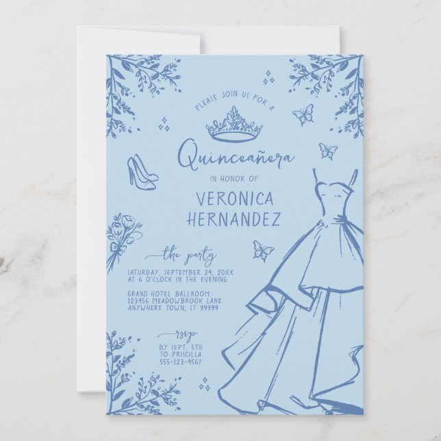 Invitación Quinceanera a la esgrima azul caprichos (Anverso)