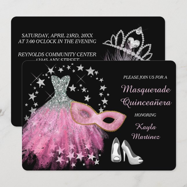 Invitación Quinceanera a la mascarada rosa brillan (Anverso / Reverso)