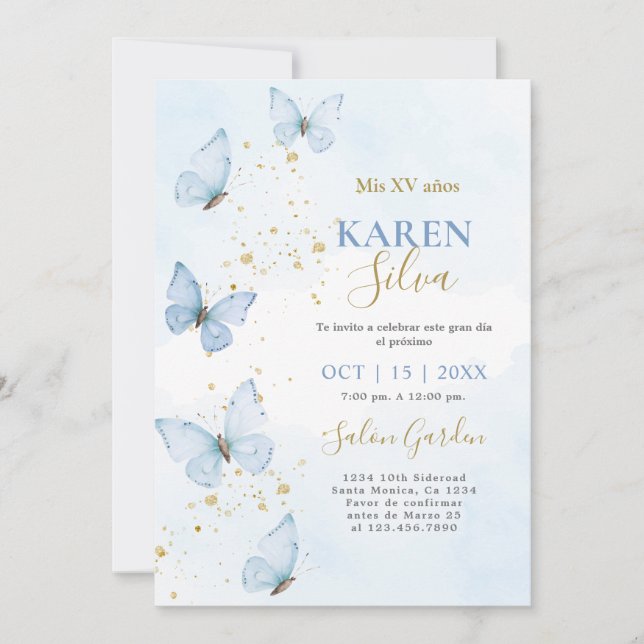 Invitación Quinceañera a las mariposas azules (Anverso)