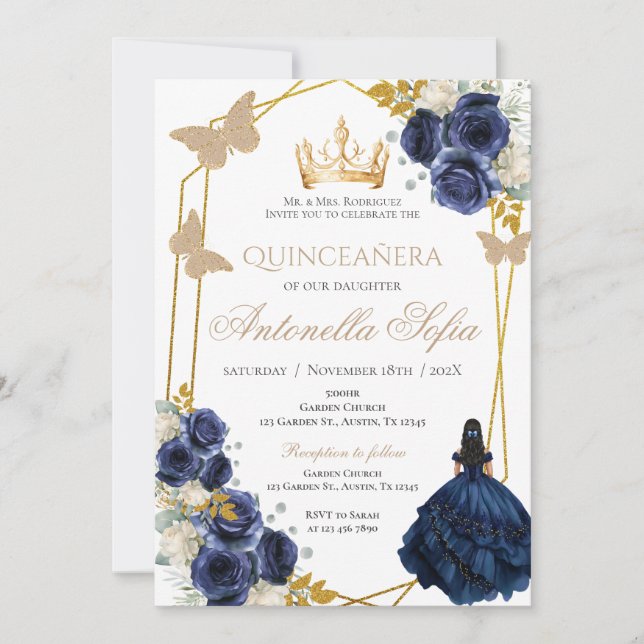 Invitación Quinceanera a las mariposas azules real (Anverso)