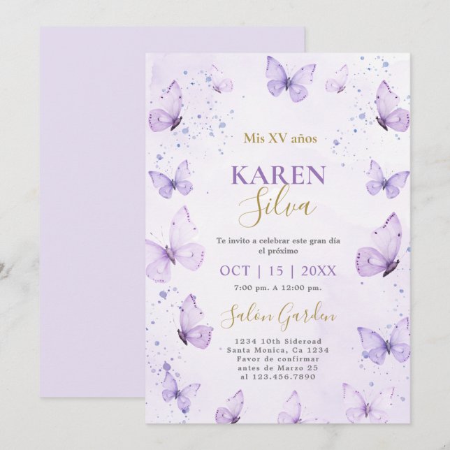 Invitación Quinceañera a las mariposas púrpura (Anverso / Reverso)
