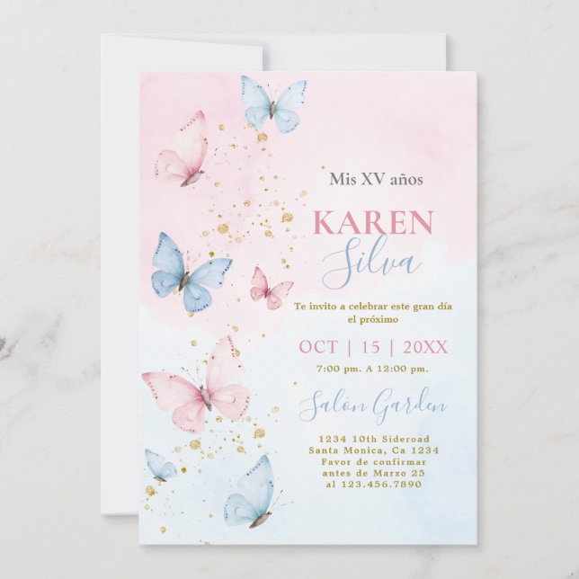Invitación Quinceañera a las mariposas rosas y azu (Anverso)