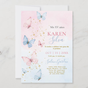 Invitación Quinceañera a las mariposas rosas y azu