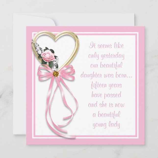 Invitación Quinceanera a Rosas del corazón rosado (Anverso)