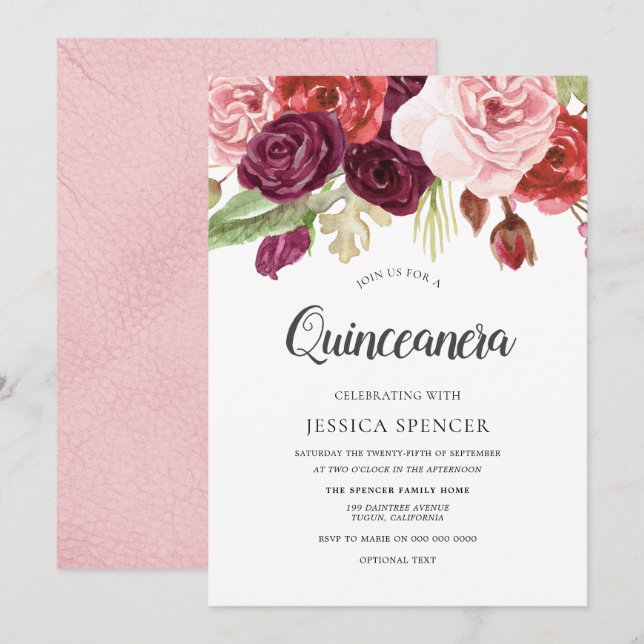 Invitación Quinceanera a Rubor rosa y flores de bo (Anverso / Reverso)
