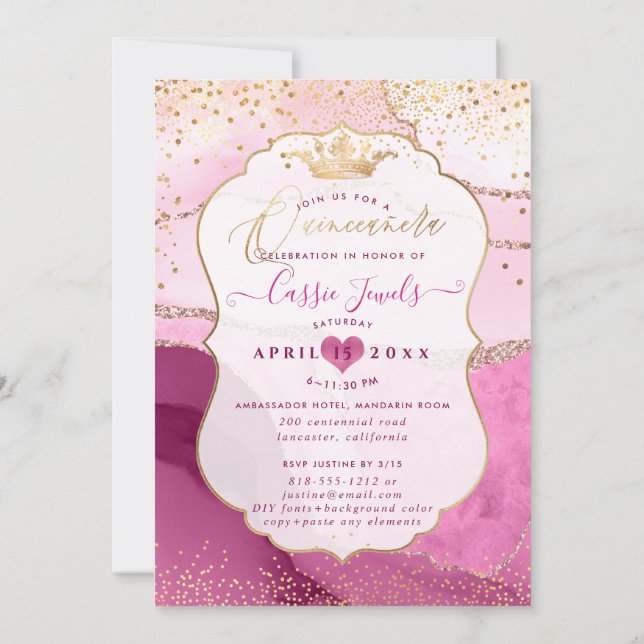 Invitación Quinceanera, acuarela Agate Rosa Faux Gold (Reverso)