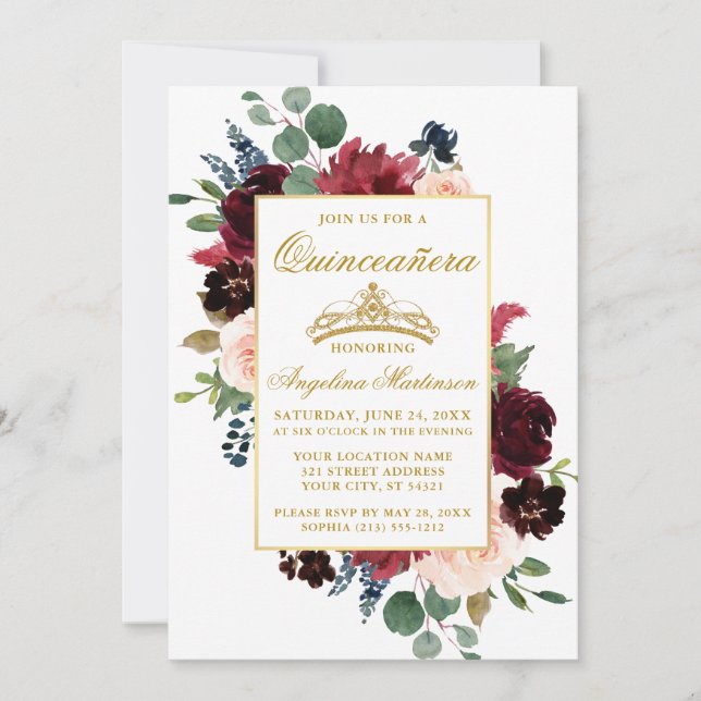 Invitación Quinceanera acuarela Borgoña Floral rosa (Anverso)