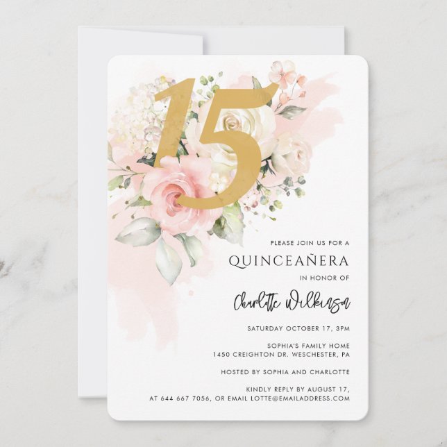 Invitación Quinceanera acuarela floral (Anverso)