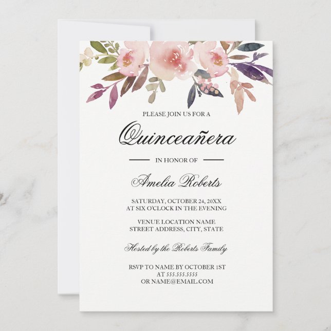 Invitación Quinceanera acuarela Floral Marina Rosa Púrpura (Anverso)