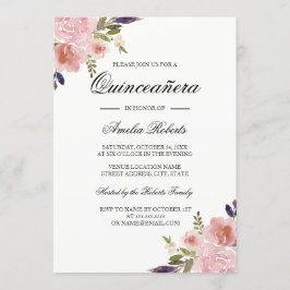 Invitación Quinceañera Acuarela Floral Peonías Rosa Púrpura