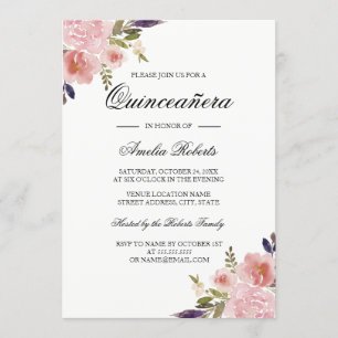 Invitación Quinceañera Acuarela Floral Peonías Rosa Púrpura