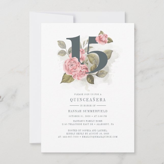 Invitación Quinceanera acuarela Floral Rosa 15º cumpleaños (Anverso)