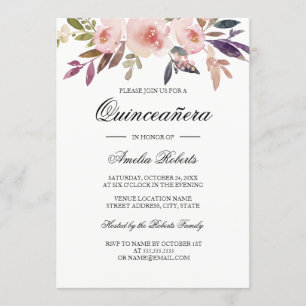 Invitación Quinceañera Acuarela Floral Rosa Azul Marino Púrpu