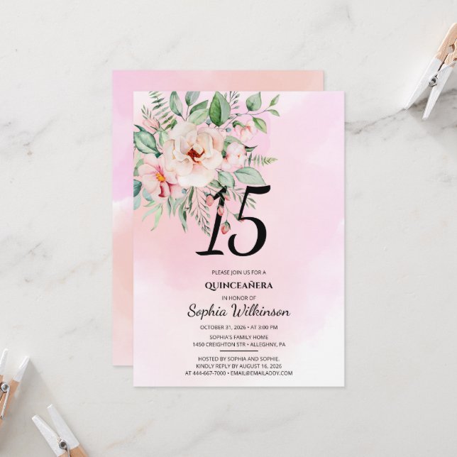 Invitación Quinceañera acuarela floral rústica (Anverso/Reverso In Situ)