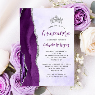 Invitación Quinceañera Acuarela Púrpura Plata Ágata