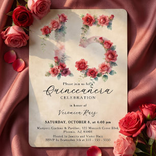 Invitación Quinceañera Acuarela Vintage Rosa Roja Rosa