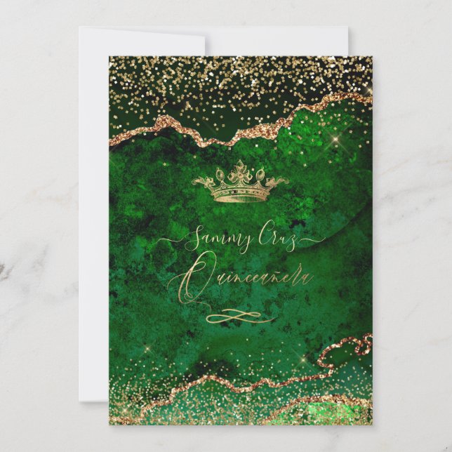 Invitación Quinceanera Agante Verde Esmeralda Faux Gold Dust (Anverso)