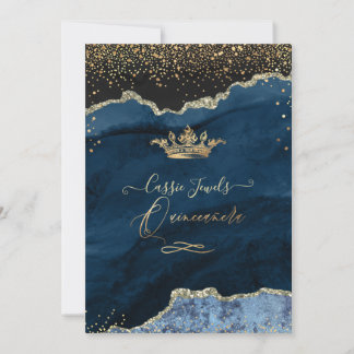 Invitación Quinceañera Ágata Azul Pizarra Falso Oro Polvo