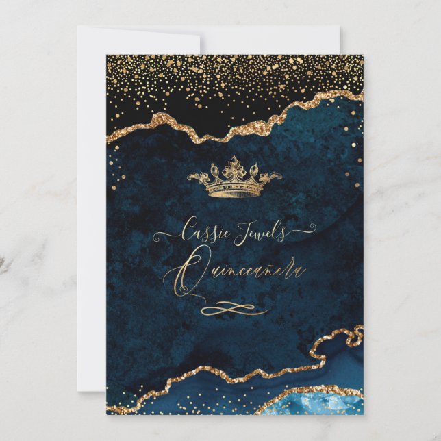 Invitación Quinceanera Agate Verde azulado oscuro Faux Gold C (Anverso)