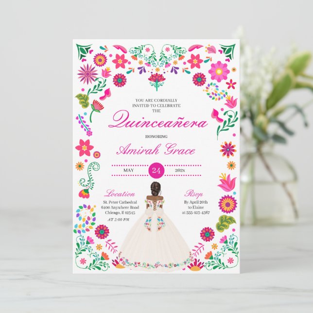 Invitación Quinceañera al bordado de color rosa bl (Anverso de pie)
