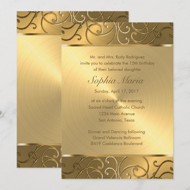 Invitación Quinceanera All Gold Filigree Swirly Border (Anverso / Reverso)