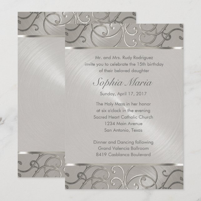 Invitación Quinceanera All Silver Filigree Swirls (Anverso / Reverso)