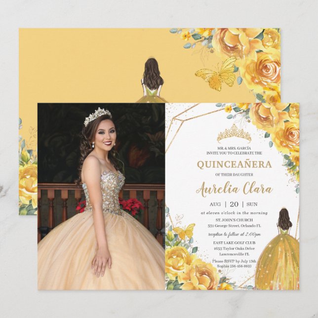 Invitación Quinceañera Amarillo Floral Princesa Corona Cumple (Anverso / Reverso)