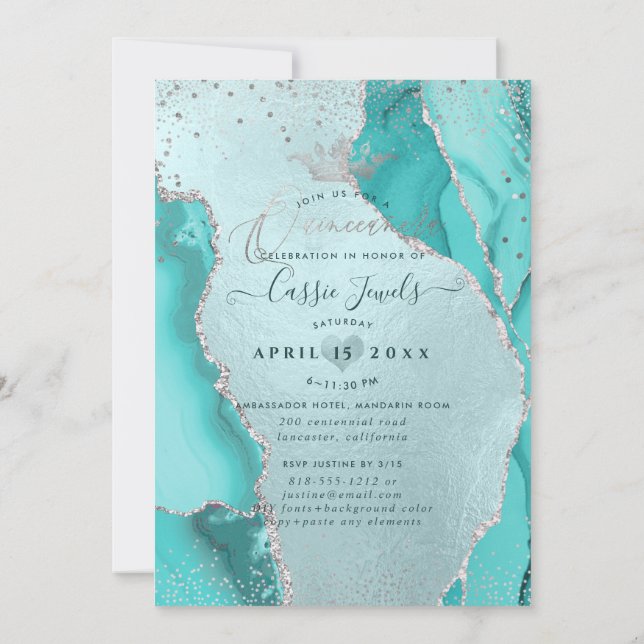 Invitación Quinceanera, Aqua Blue Agate Faux Silver Confetti (Reverso)