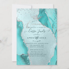 Invitación Quinceanera, Aqua Blue Agate Faux Silver Confetti