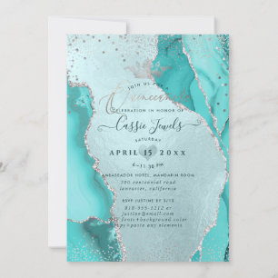 Invitación Quinceanera, Aqua Blue Agate Faux Silver Confetti