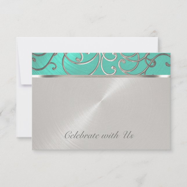 Invitación Quinceanera Aqua Green and Silver Filigree Swirls (Anverso)