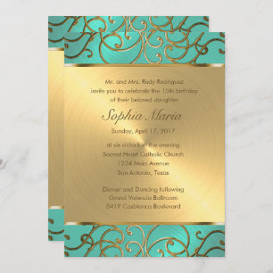 Invitación Quinceanera Aqua Green y Gold Filigree Swirls