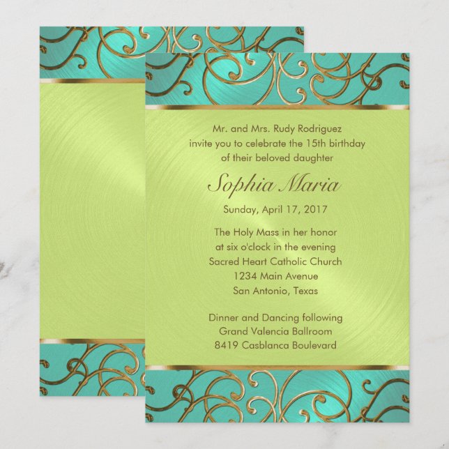 Invitación Quinceanera Aqua Lime Green Gold Filigrree Swirls (Anverso / Reverso)