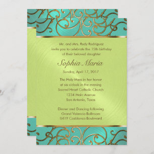Invitación Quinceanera Aqua Lime Green Gold Filigrree Swirls