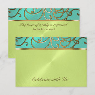 Invitación Quinceanera Aqua Lime Green Gold Filigrree Swirls