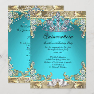 Invitación Quinceañera Aqua Turquesa Dorado Fiesta de 15 Cump