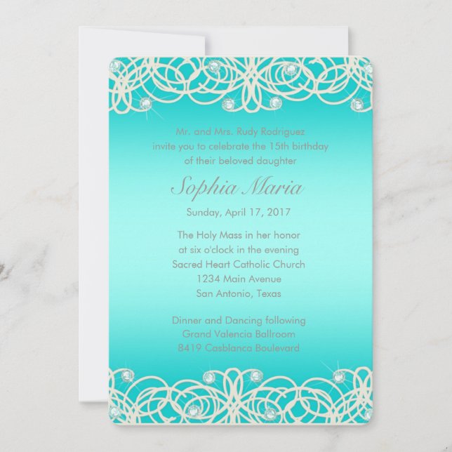 Invitación Quinceanera Aqua Turquoise Sparkle and Lace (Anverso)