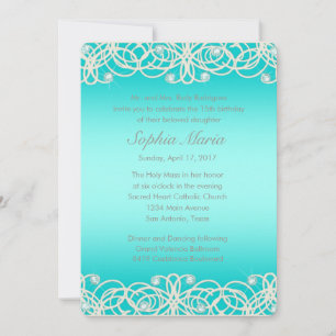 Invitación Quinceanera Aqua Turquoise Sparkle and Lace