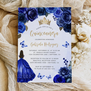 Invitación Quinceañera Aquarela Floral Azul Real Dorado